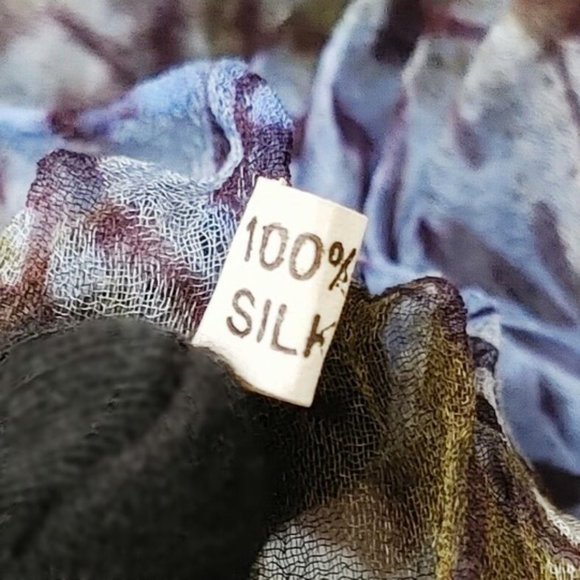 100% Silk Rectangle Long Scarf Sheer Blue Brown Floral Print Soft Lightweight - Picture 7 of 11